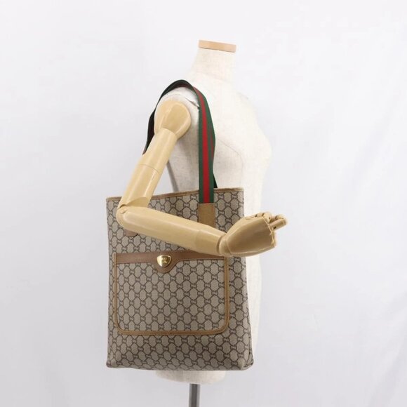 Gucci Handbags - GUCCI GG Plus Supreme Web Sherry Line Tote Bag PVC Beige Gold